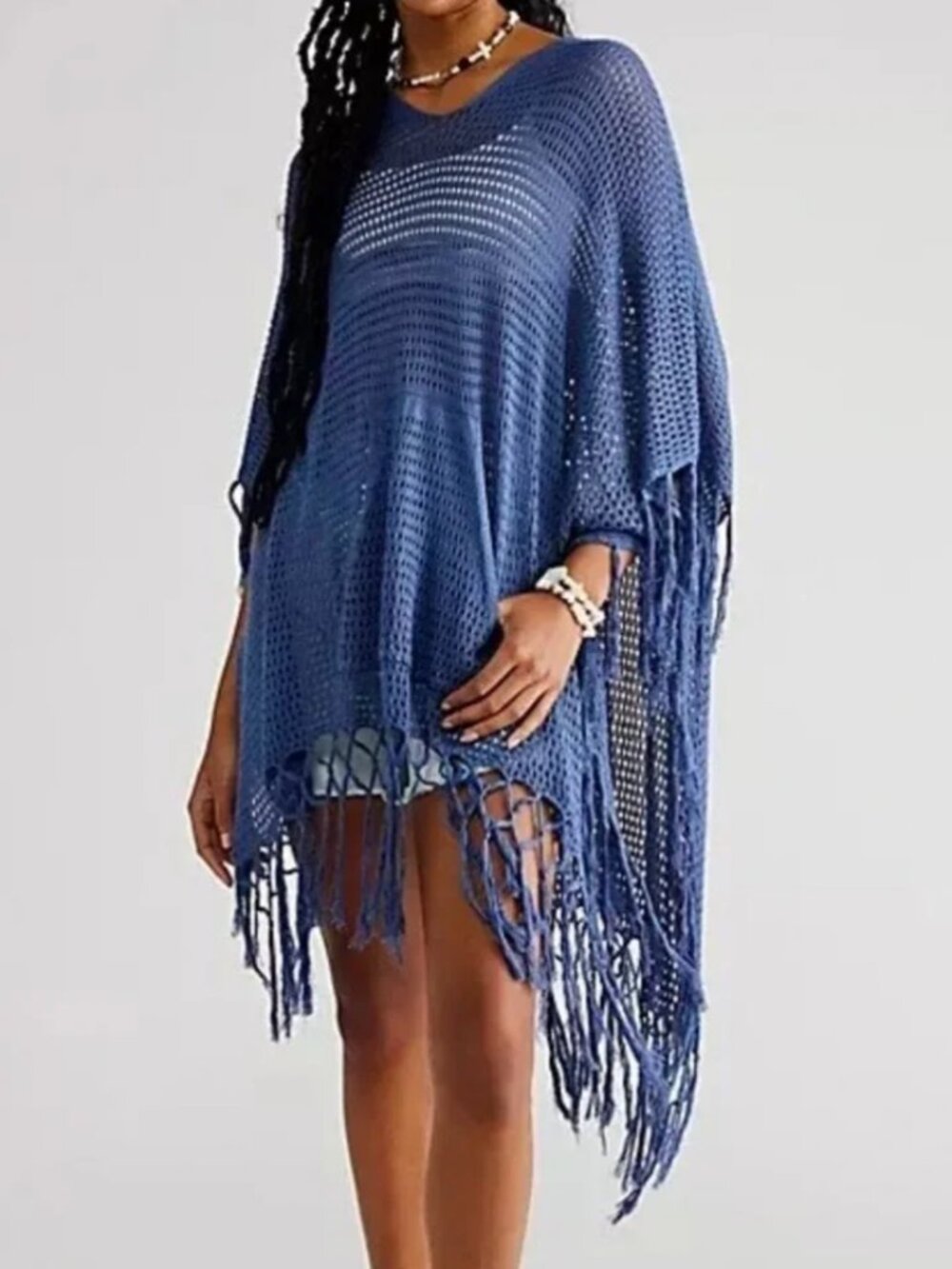 Free People Summer House Hooded Fringe Poncho One Size Blue